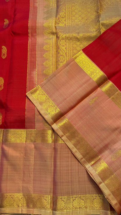 CHILI RED WITH CONTRAST PASTEL CORAL GOLD ZARI HANDLOOM KANCHIPURAM SILK SAREE (KSS417)
