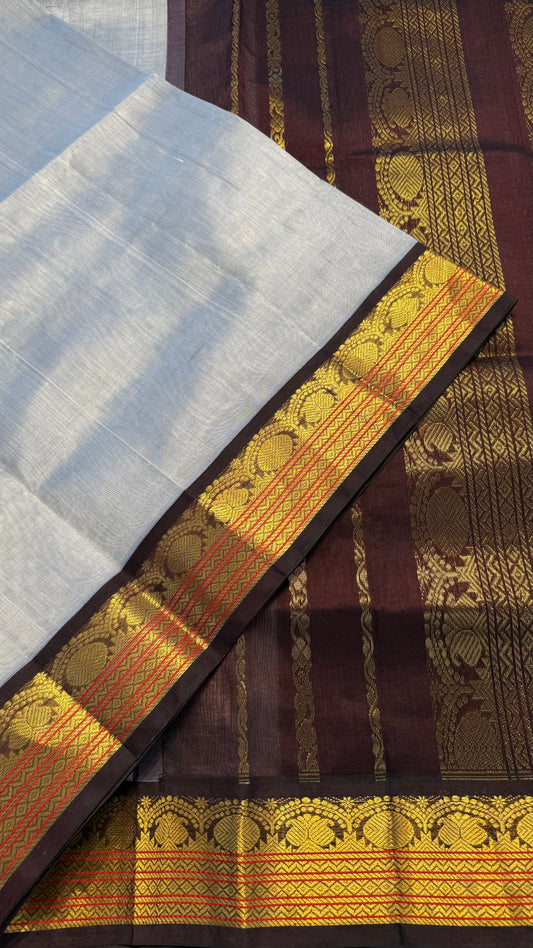 ASH GREY WITH CONTRAST DARK BROWN KANCHIPURAM SILK COTTON (KSC06)