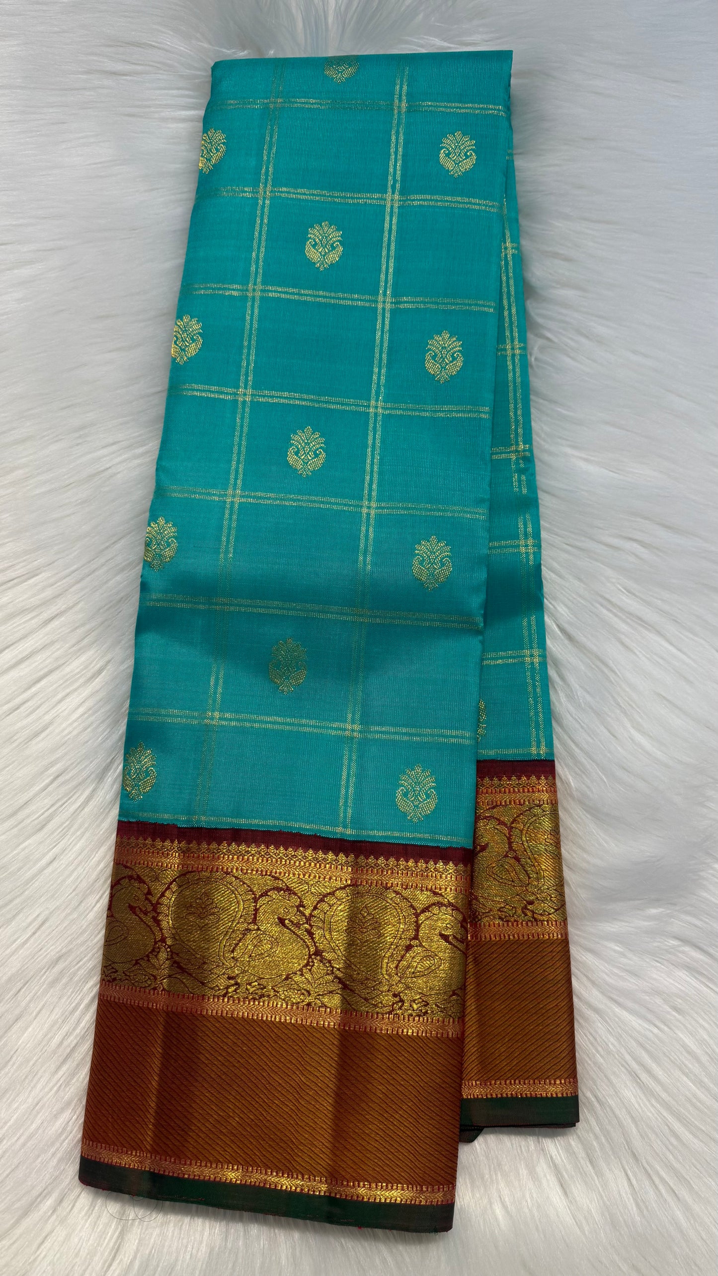 TURQUOISE BLUE CHECKED WITH CONTRAST MAROON GOLD ZARI HANDLOOM KANCHIPURAM SILK SAREE (KSS299)