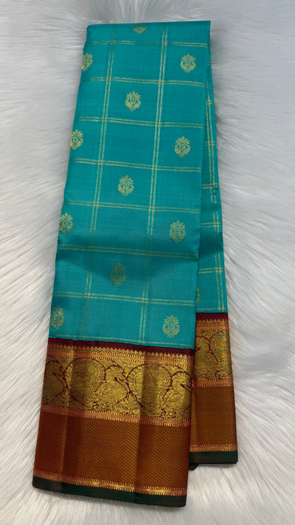 TURQUOISE BLUE CHECKED WITH CONTRAST MAROON GOLD ZARI HANDLOOM KANCHIPURAM SILK SAREE (KSS299)