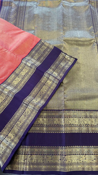 RUST ORANGE WITH CONTRAST DEEP PURPLE GOLD ZARI HANDLOOM KANICHIPURAM SILK SAREE (KSS139)