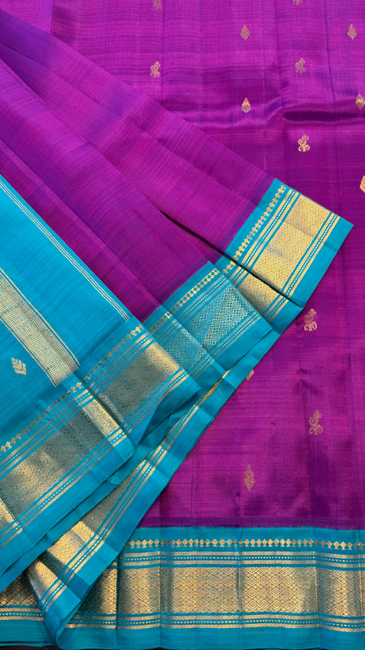 PURPLE WITH CONTRAST TEAL BLUE PURE HANDLOOM KANCHIPURAM SINGLE SIDE BORDER SILK SAREE (KSSB16)