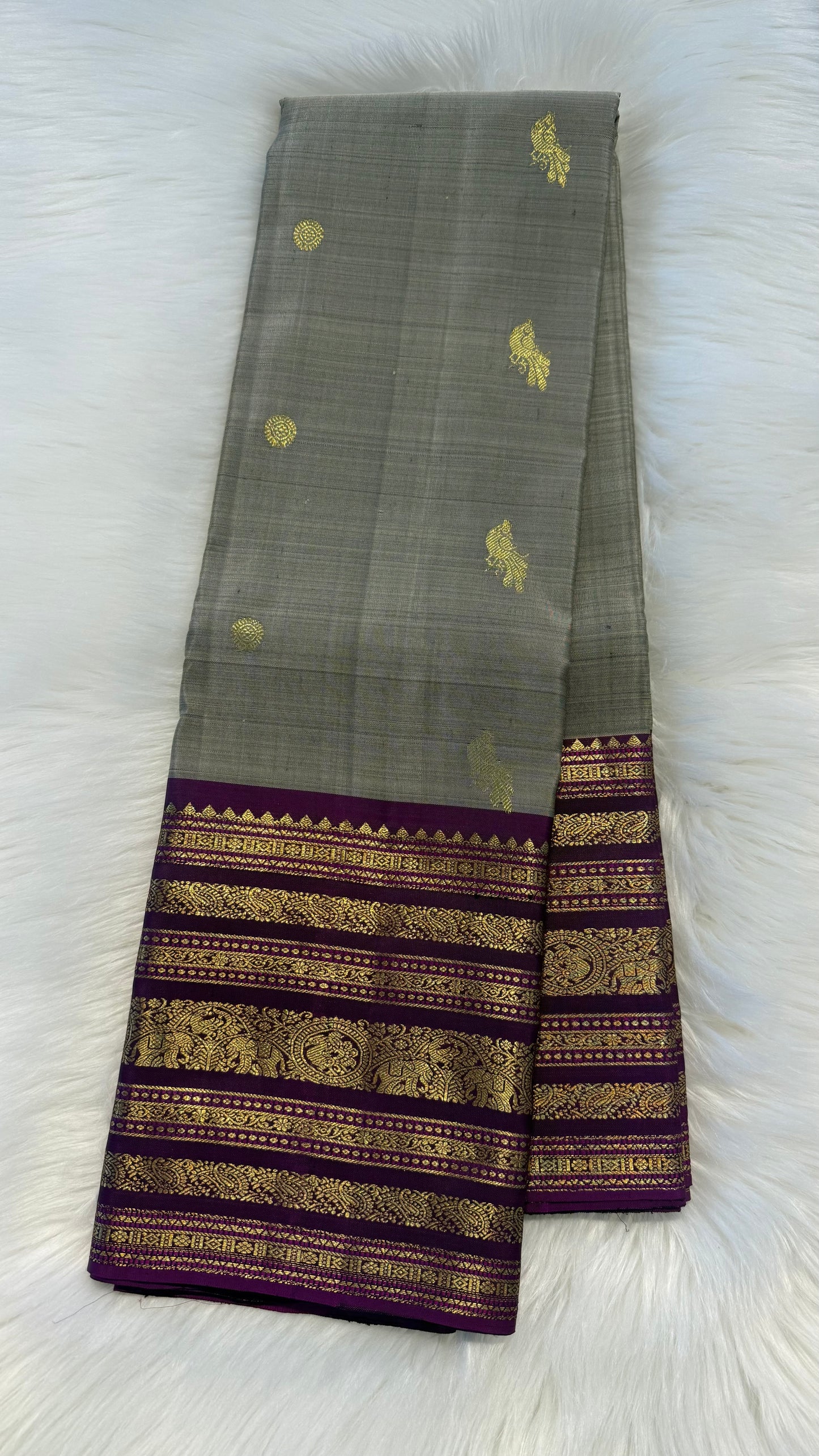 DUAL TONE TAUPRE GREY WITH CONTRAST PURPLE GOLD ZARI HANDLOOM KANICHIPURAM SILK SAREE (KSS211)
