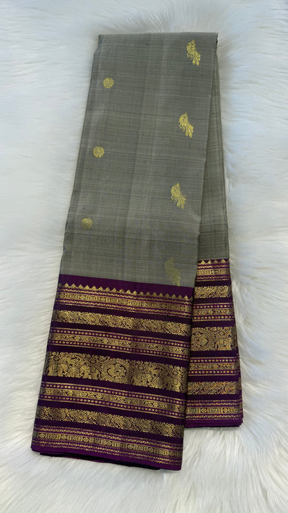 DUAL TONE TAUPRE GREY WITH CONTRAST PURPLE GOLD ZARI HANDLOOM KANICHIPURAM SILK SAREE (KSS211)