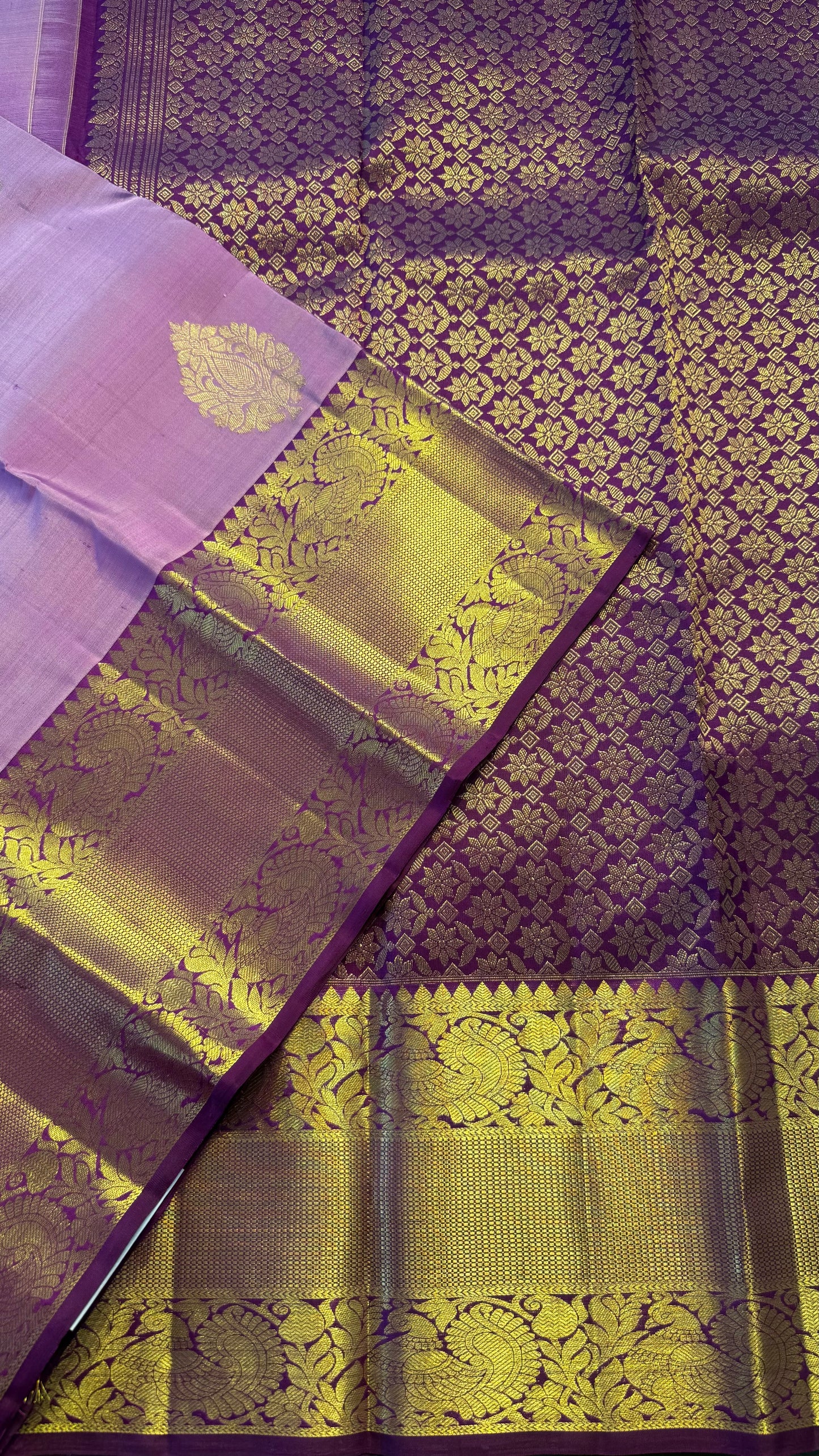 PASTEL LAVENDER WITH CONTRAST VADAMALLI PURPLE GOLD ZARI HANDLOOM KANCHIPURAM SILK SAREE (KSS380)