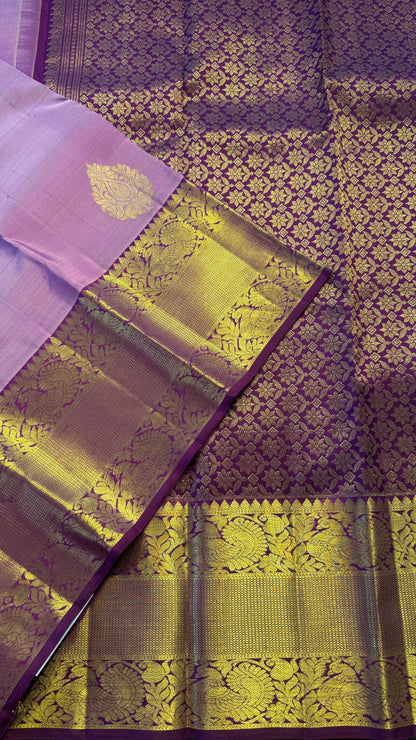 PASTEL LAVENDER WITH CONTRAST VADAMALLI PURPLE GOLD ZARI HANDLOOM KANCHIPURAM SILK SAREE (KSS380)