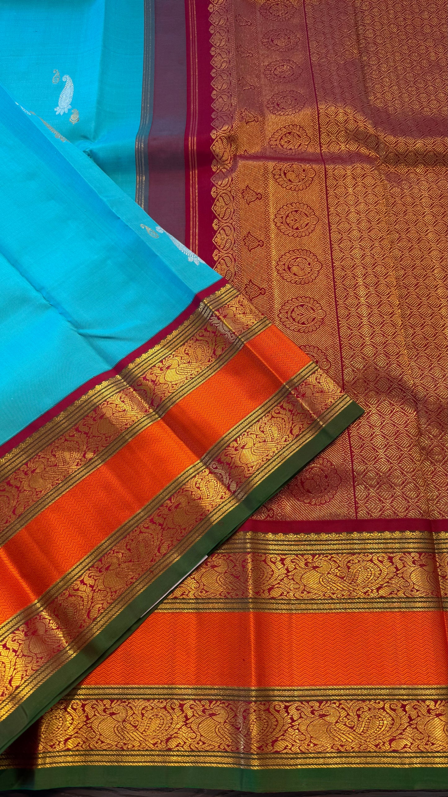 TEAL BLUE WITH CONTRAST ORANGE ZARI HANDLOOM KANCHIPURAM SILK SAREE (KSS 484)