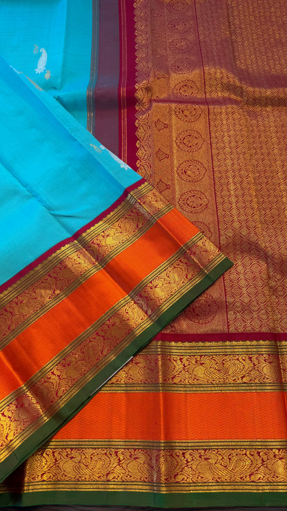 TEAL BLUE WITH CONTRAST ORANGE ZARI HANDLOOM KANCHIPURAM SILK SAREE (KSS 484)