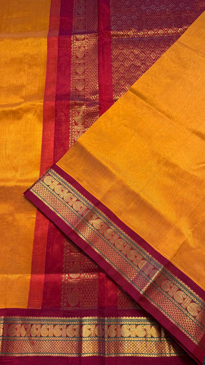 MANGO YELLOW WITH RED BORDER HANDLOOM KANCHIPURAM SILK COTTON (KSC66)