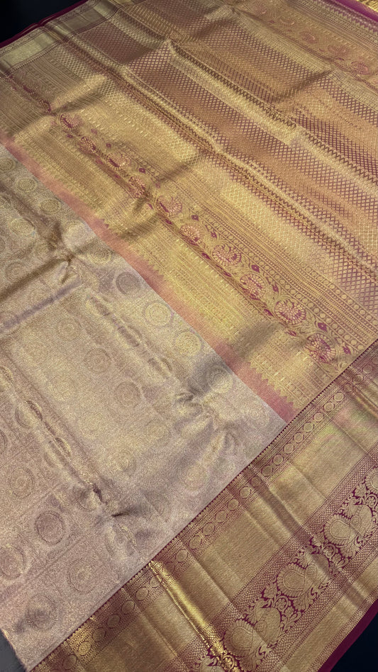 GOLDEN WITH CONTRAST MAGENTA PINK GOLD ZARI HANDLOOM KANCHIPURAM SILK SAREE (KSS444)