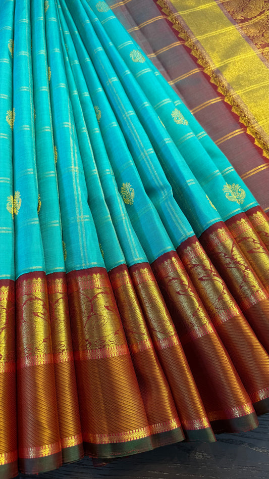 TURQUOISE BLUE CHECKED WITH CONTRAST MAROON GOLD ZARI HANDLOOM KANCHIPURAM SILK SAREE (KSS299)