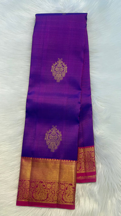 PURPLE WITH CONTRAST RANI PINK GOLD ZARI HANDLOOM KANCHIPURAM SILK SAREE (KSS384)