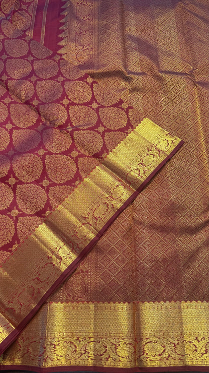 MAROON GOLD FULL ZARI HANDLOOM KANICHIPURAM SILK SAREE (KSS198)I