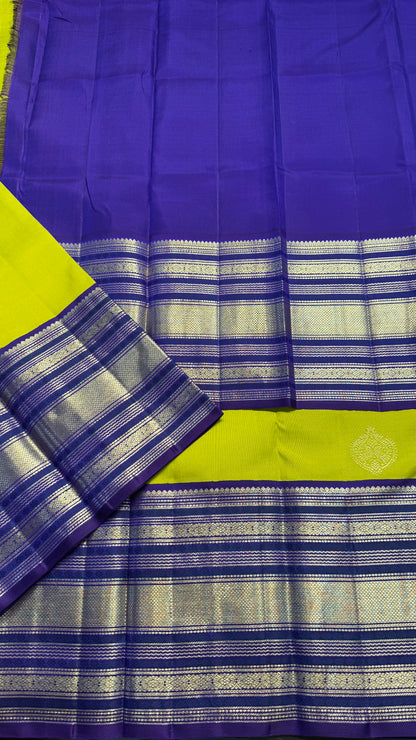 LIME YELLOW WITH CONTRAST PURPLE GOLD ZARI HANDLOOM KANCHIPURAM SILK SAREE (KSS448)