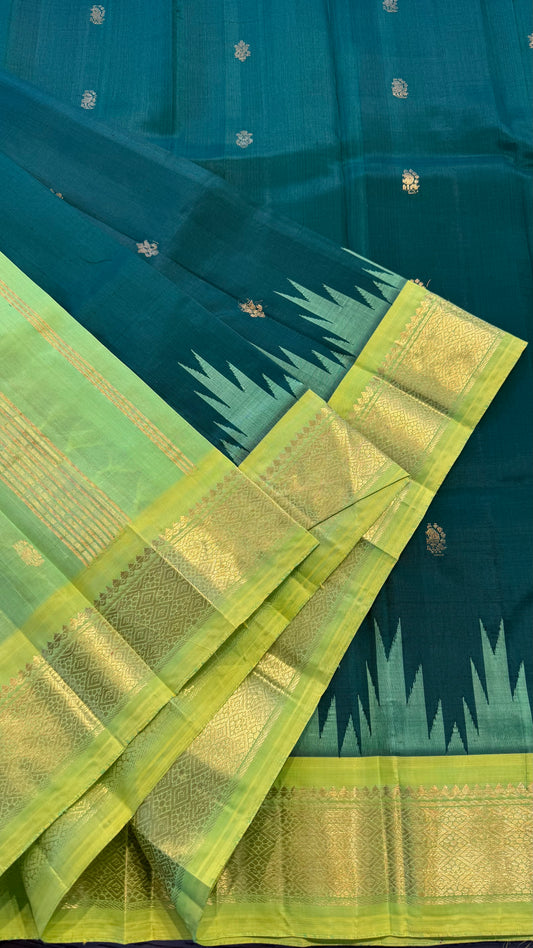 BOTTLE GREEN WITH CONTRAST BRIGHT GREEN PURE HANDLOOM KANCHIPURAM SINGLE SIDE BORDER SILK SAREE (KSSB27)