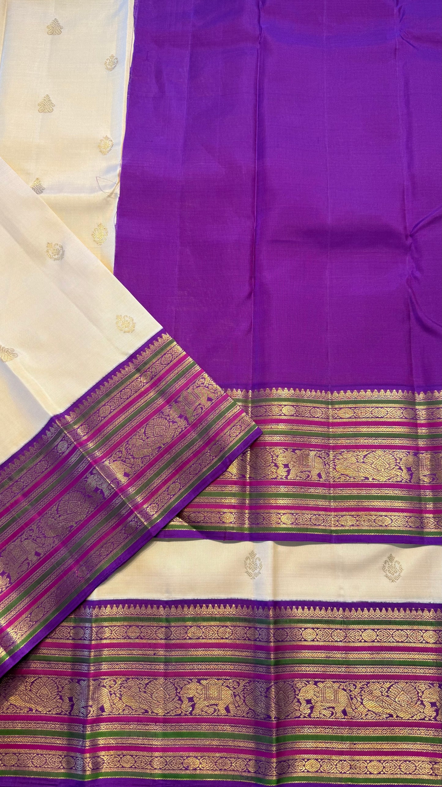 CREAM WITH CONTRAST PURPLE GOLD ZARI HANDLOOM KANCHIPURAM SILK SAREE (KSS288)