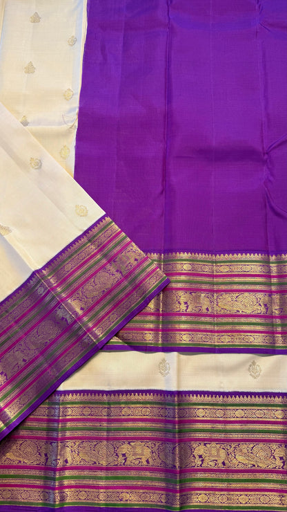 CREAM WITH CONTRAST PURPLE GOLD ZARI HANDLOOM KANCHIPURAM SILK SAREE (KSS288)