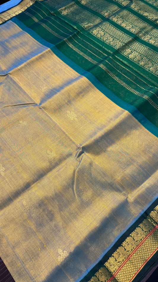 TURQUOISE GOLD WITH GREEN HANDLOOM KANCHIPURAM SILK COTTON (KSC114)