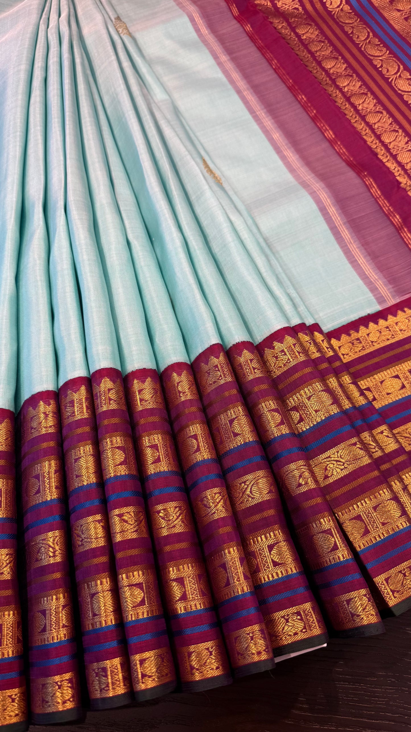 TURQUOISE BLUE WITH CONTRAST PURPLE GOLD ZARI HANDLOOM KANCHIPURAM SILK SAREE (KSS299)
