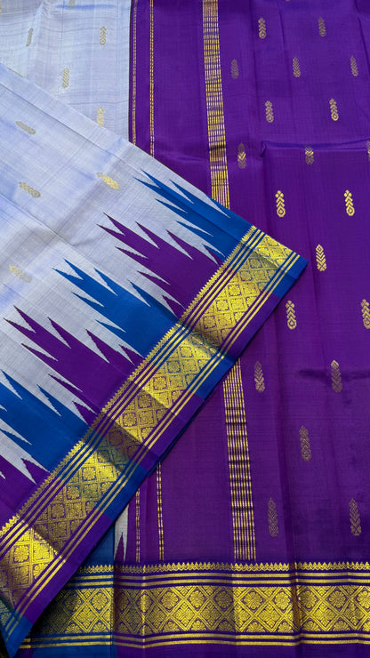 LILAC WITH CONTRAST PURPLE AND BLUE PURE HANDLOOM KANCHIPURAM SINGLE SIDE BORDER SILK SAREE (KSSB31)