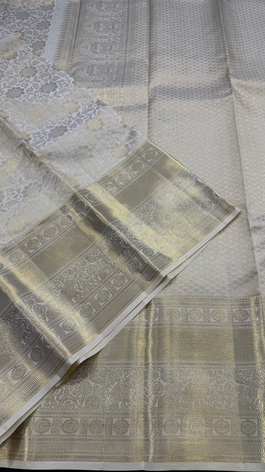 OFF WHITE GOLD ZARI PURE KANCHIPURAM HANDLOOM SILK SAREE SILK(KSS 597)
