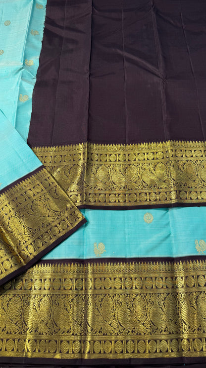 MINT GREEN WITH CONTRAST DARK BROWN BORDER PURE HANDLOOM KANCHIPURAM SILK SAREE (KSS491)