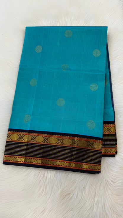 TURQUIOSE BLUE WITH CONTRAST BLACK HANDLOOM KANCHIPURAM SILK COTTON (KSC18)