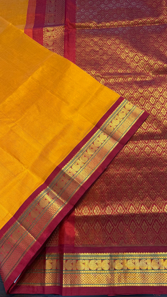 MANGO YELLOW WITH RED BORDER HANDLOOM KANCHIPURAM SILK COTTON (KSC66)
