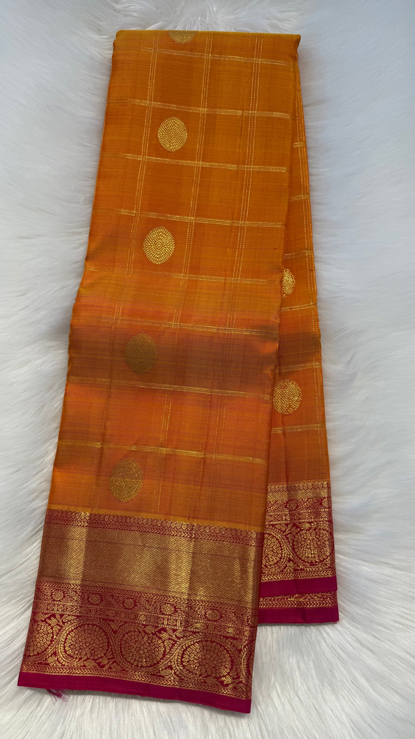 MANGO YELLOW CHECKED WITH CONTRAST PINK GOLD ZARI HANDLOOM KANCHIPURAM SILK SAREE (KSS422)