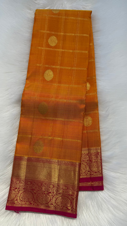 MANGO YELLOW CHECKED WITH CONTRAST PINK GOLD ZARI HANDLOOM KANCHIPURAM SILK SAREE (KSS422)