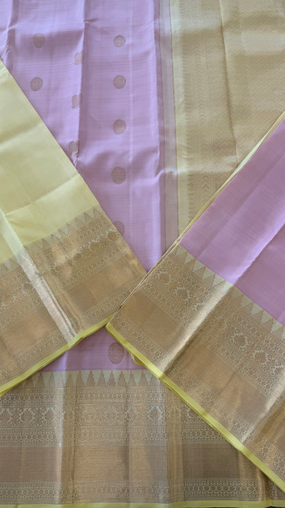 PASTEL PINK WITH CONTRAST LEMON YELLOW GOLD ZARI HANDLOOM KANICHIPURAM SILK SAREE (KSS267)