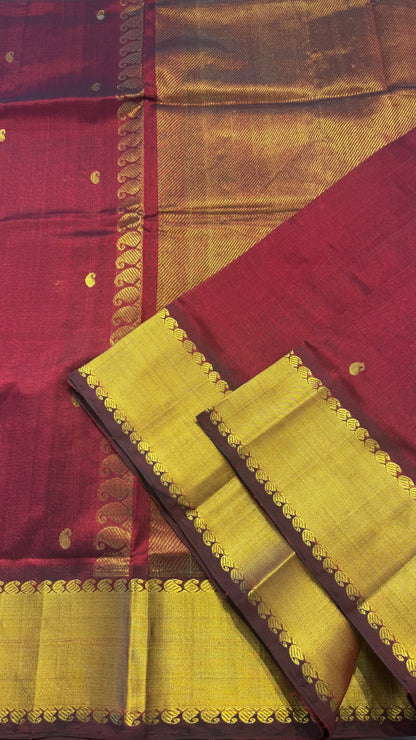 MAROON GOLD BORDER HANDLOOM KANCHIPURAM SILK COTTON (KSC72)