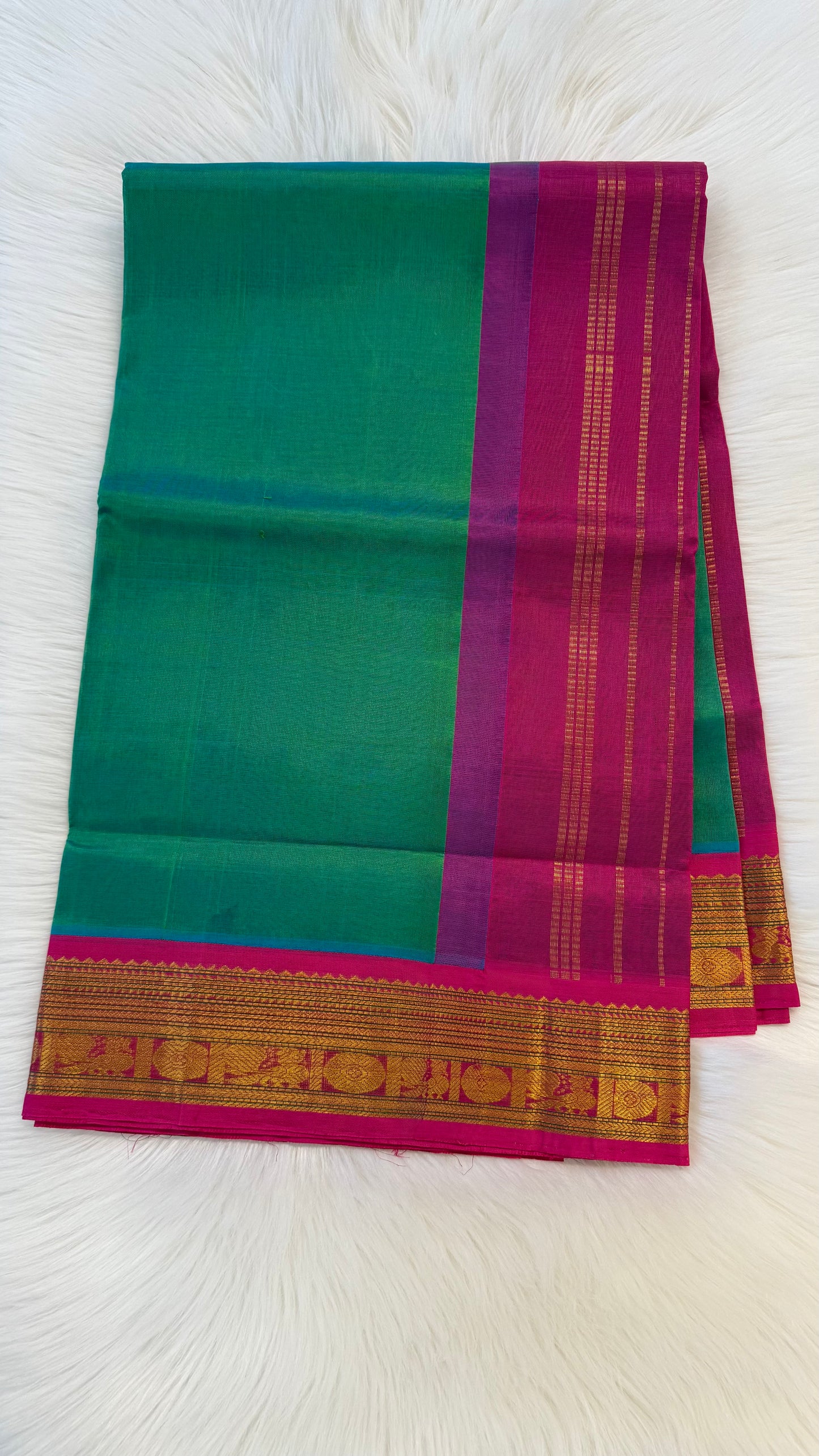 PEACOCK GREEN WITH CONTRAST HOT PINK KANCHIPURAM SILK COTTON (KSC17)
