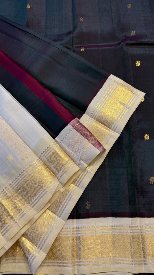 DUAL TONE PURPLE GREEN WITH CONTRAST CREAM PURE HANDLOOM KANCHIPURAM SINGLE SIDE BORDER SILK SAREE (KSSB22)