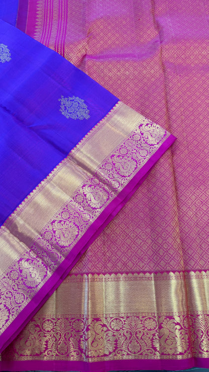 PURPLE WITH CONTRAST RANI PINK GOLD ZARI HANDLOOM KANCHIPURAM SILK SAREE (KSS384)