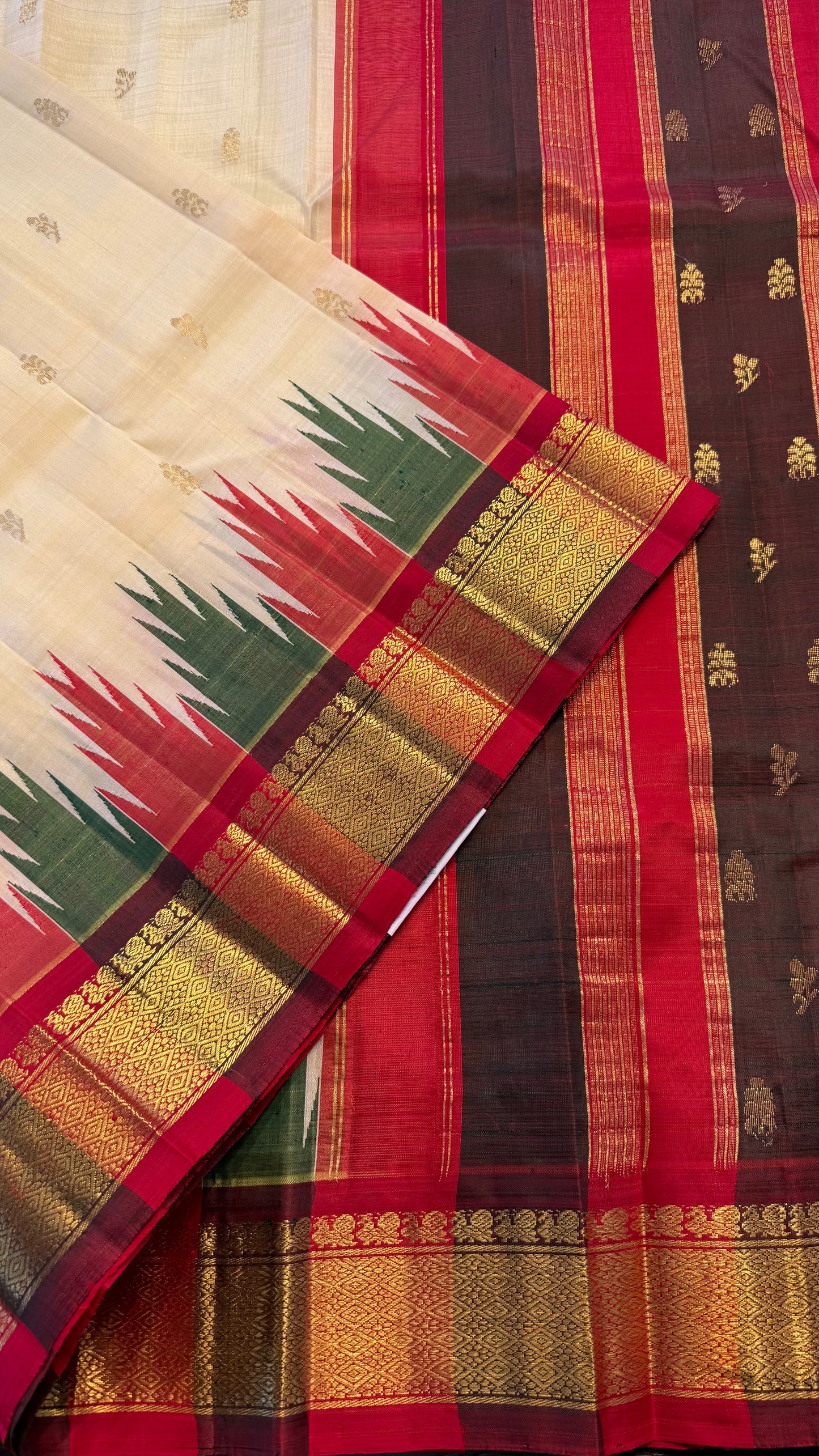 LIGHT YELLOW WITH CONTRAST RED PURE HANDLOOM KANCHIPURAM SINGLE SIDE BORDER SILK SAREE (KSSB37)