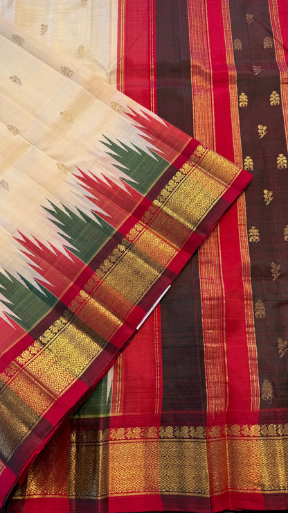LIGHT YELLOW WITH CONTRAST RED PURE HANDLOOM KANCHIPURAM SINGLE SIDE BORDER SILK SAREE (KSSB37)