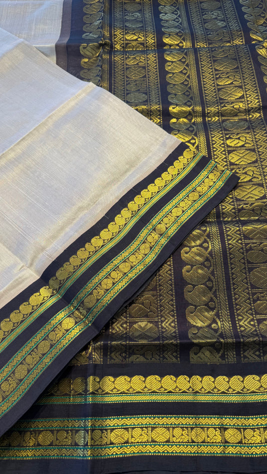 CHAMPAGNE WITH CONTRAST DARK BROWN KANCHIPURAM SILK COTTON SAREE (KSC12)