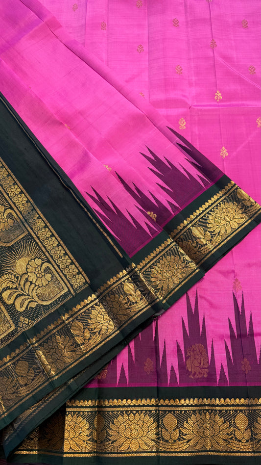 PINK WITH CONTRAST GREEN PURE HANDLOOM KANCHIPURAM SINGLE SIDE BORDER SILK SAREE (KSSB36)