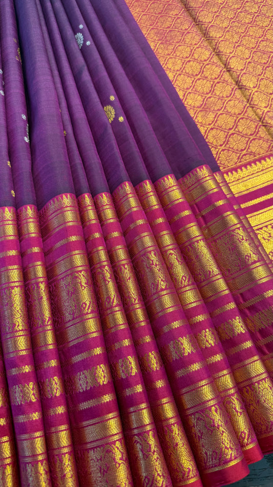 ROYAL PURPLE WITH CONTRAST VADAMALI PURPLE BORDER GOLD ZARI HANDLOOM KANICHIPURAM SILK SAREE (KSS131)