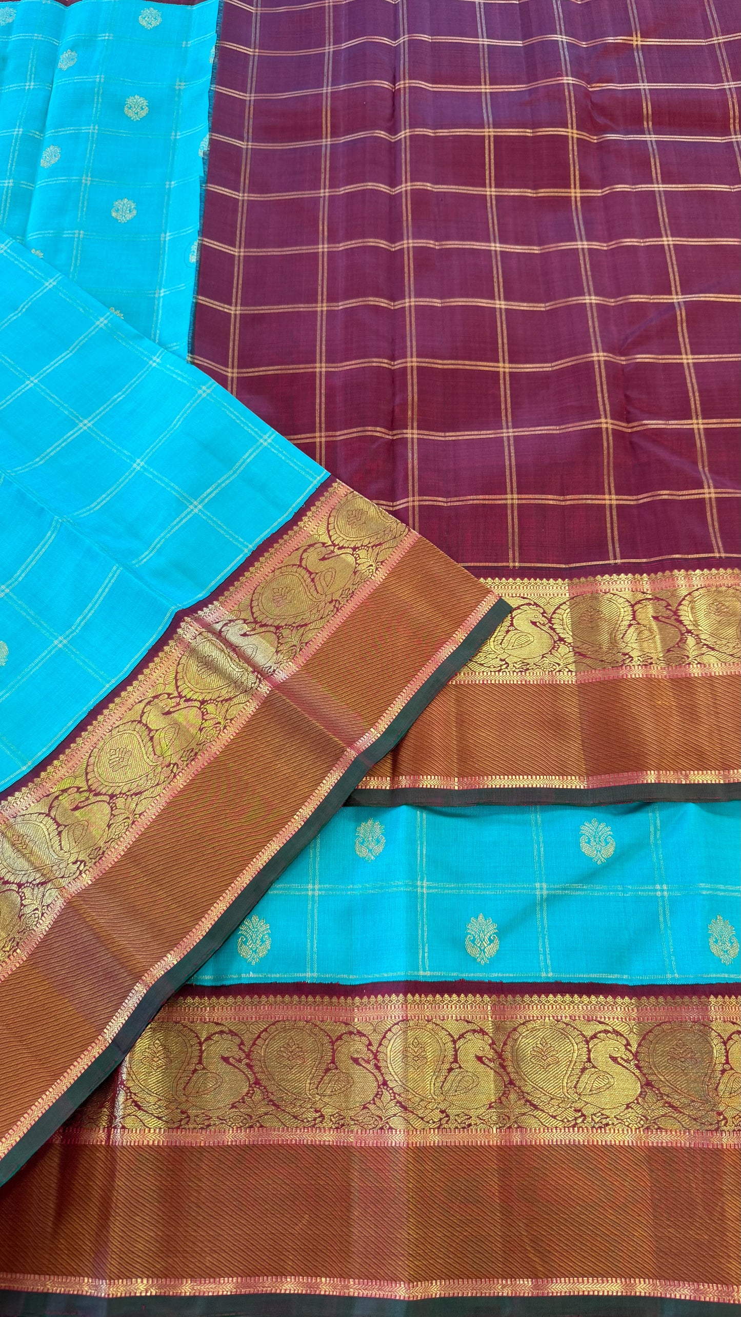 TURQUOISE BLUE CHECKED WITH CONTRAST MAROON GOLD ZARI HANDLOOM KANCHIPURAM SILK SAREE (KSS299)