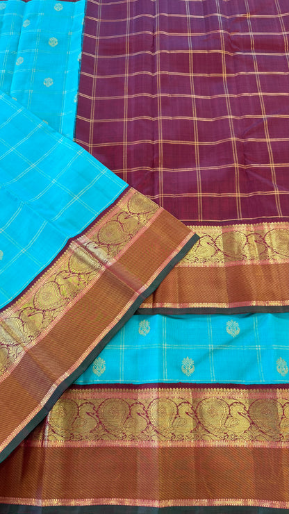 TURQUOISE BLUE CHECKED WITH CONTRAST MAROON GOLD ZARI HANDLOOM KANCHIPURAM SILK SAREE (KSS299)