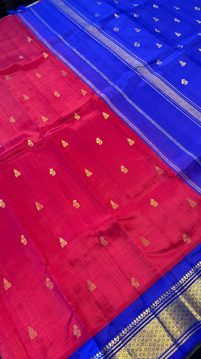 RED WITH CONTRAST PURPLE PURE HANDLOOM KANCHIPURAM SINGLE SIDE BORDER SILK SAREE (KSSB07)