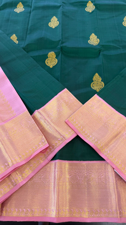 GREEN WITH CONTRAST PINK GOLD ZARI HANDLOOM KANICHIPURAM SILK SAREE (KSS164)