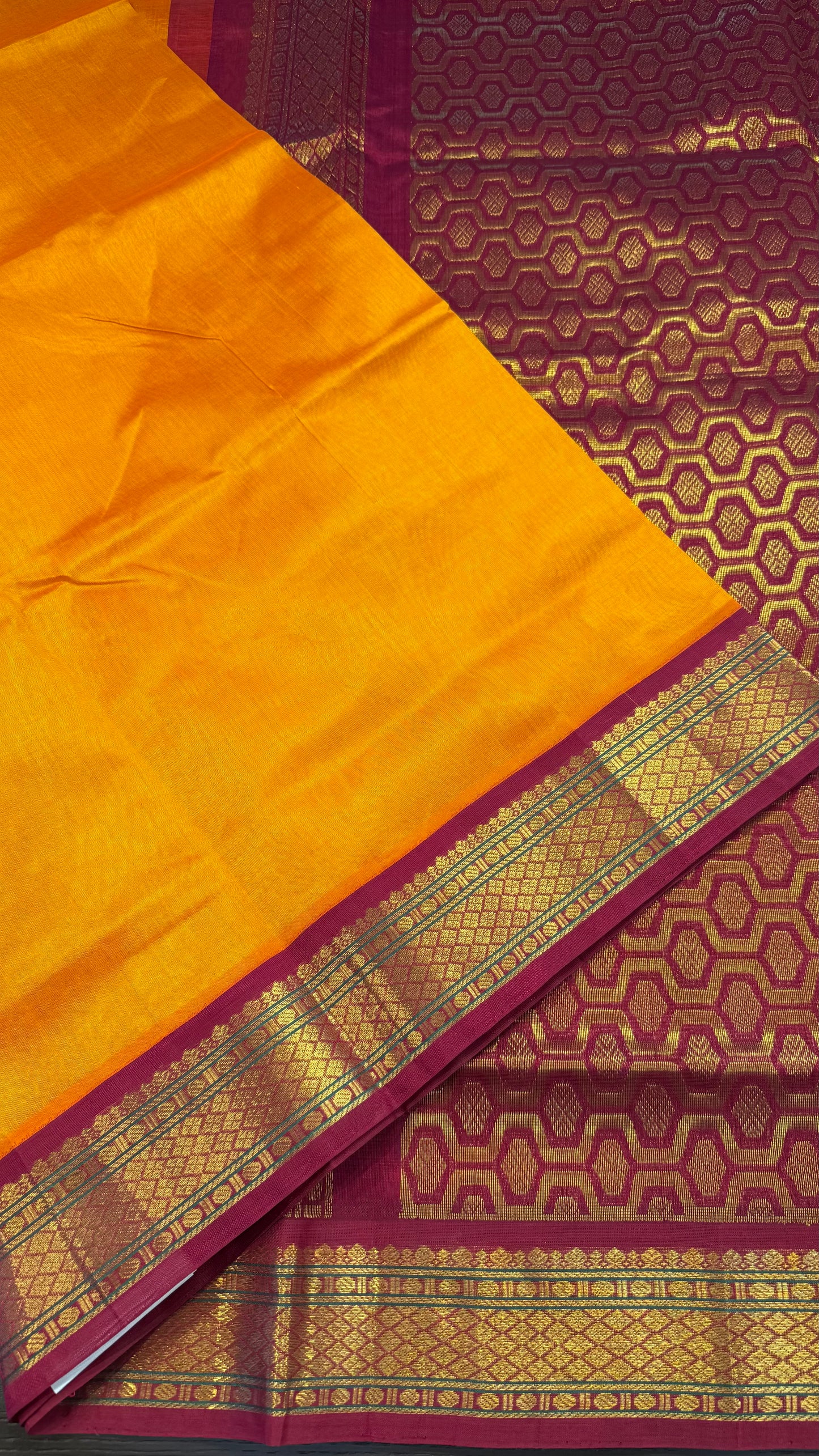 MANGO ORANGE WITH PINK MAROON HANDLOOM KANCHIPURAM SILK COTTON (KSC100)