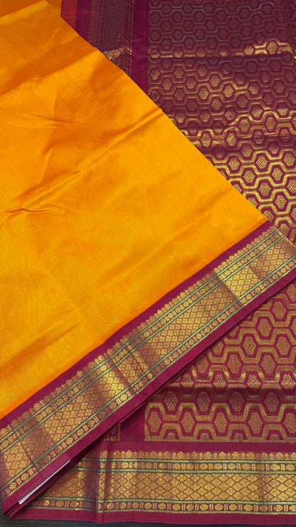 MANGO ORANGE WITH PINK MAROON HANDLOOM KANCHIPURAM SILK COTTON (KSC100)
