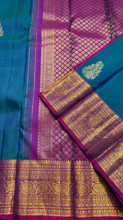 PEACOCK BLUE CONTRAST PURPLE GOLD ZARI HANDLOOM KANCHIPURAM SILK SAREE (KSS385)