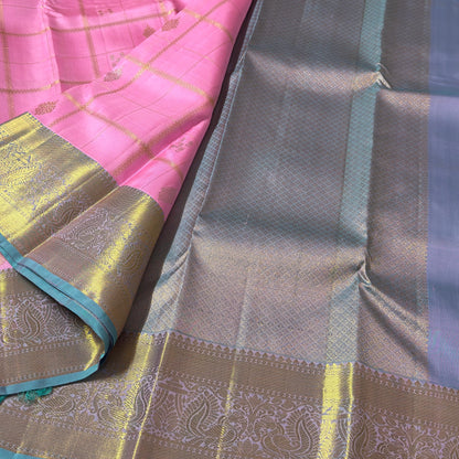 LIGHT ROSE PINK & DUAL TONE BLUE CHECKERED GOLD ZARI PURE KANCHIPURAM HANDLOOM SILK SAREE KSC 04
