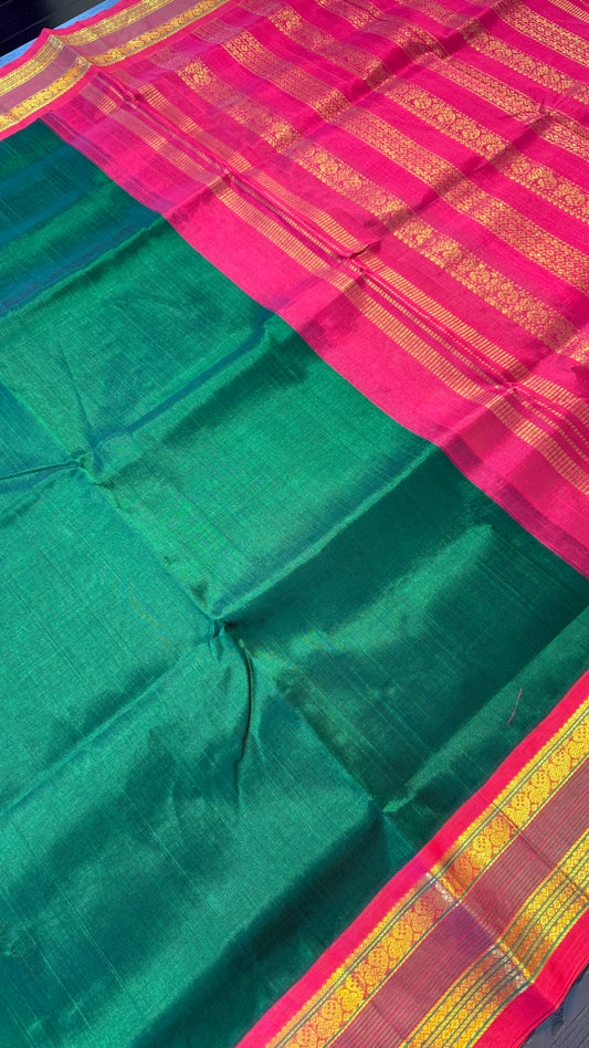 DARK GREEN WITH RANI PINK HANDLOOM KANCHIPURAM SILK COTTON (KSC105)