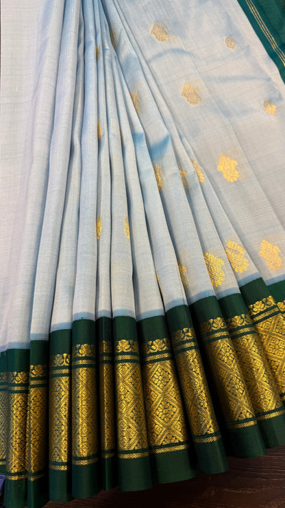 LIGHT BLUE WITH DARK BRIGHT GREEN PURE HANDLOOM KANCHIPURAM SINGLE SIDE BORDER SILK SAREE (KSSB05)